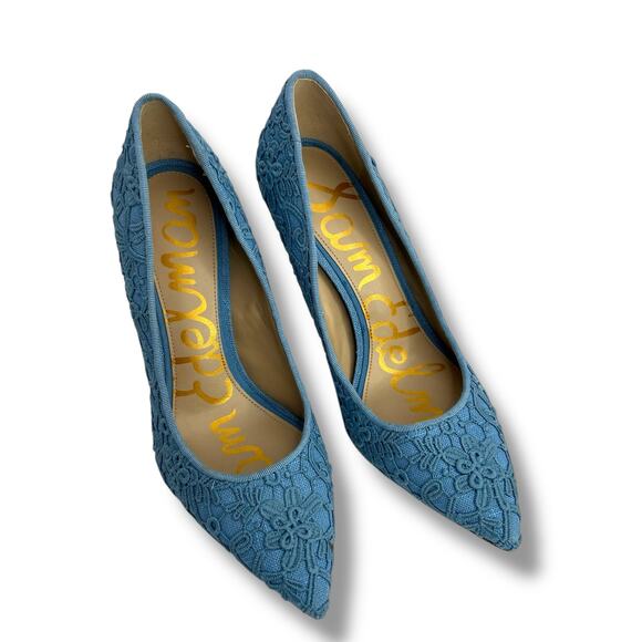 Sam Edelman Hazel Heels Size 5.5 Royal Sky Blue Lace Pointy Toe Stiletto Pumps - Picture 9 of 12